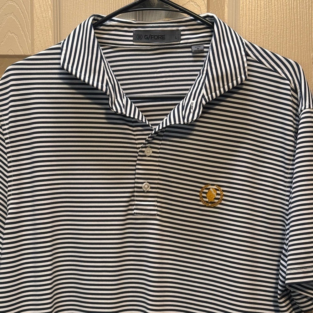 G/FORE Polo Shirt Mens Large White Navy Stripe Golf Golfing Performance Stretch